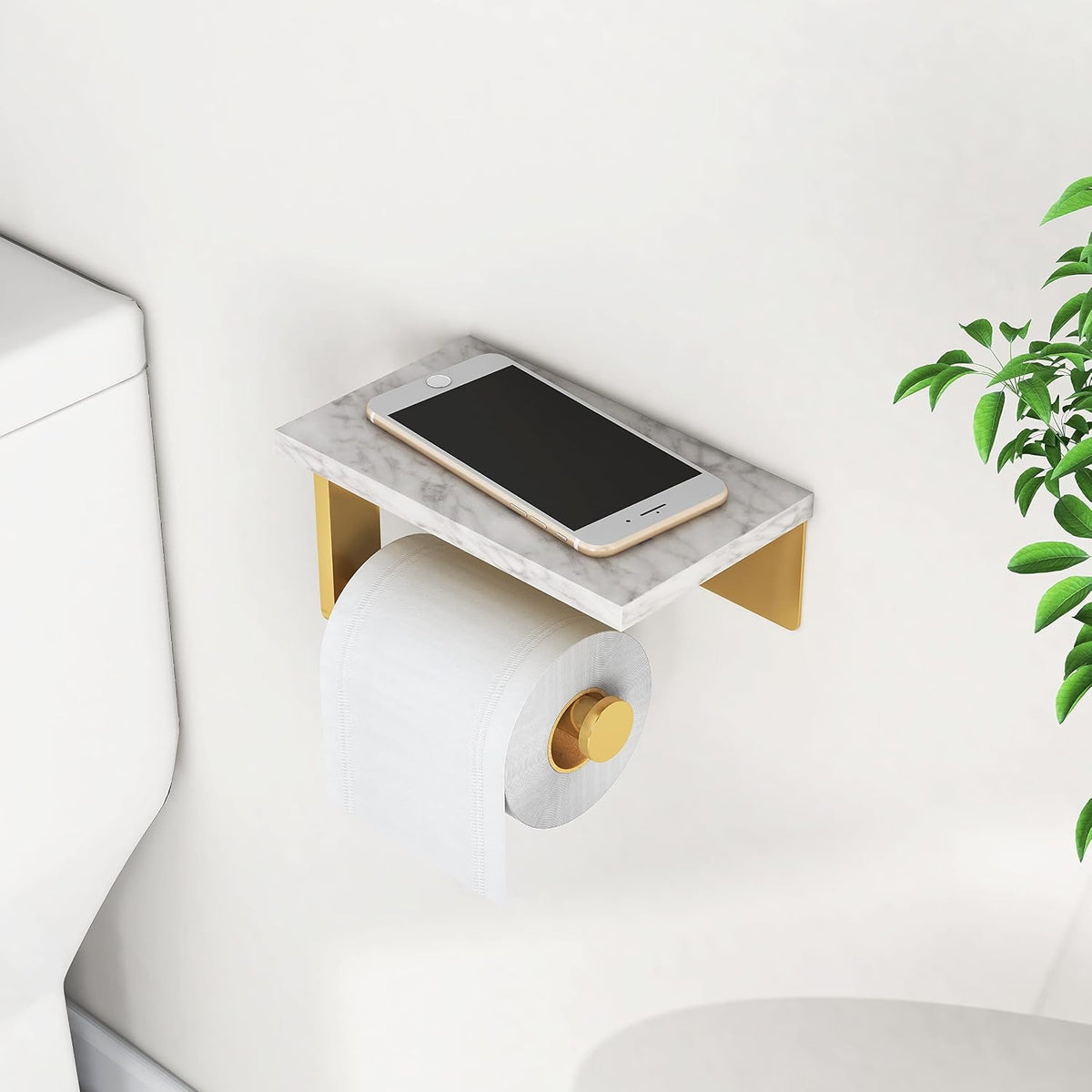 Gypie Toilet Paper Holder with Marble Shelf, Wall Mounted Gold