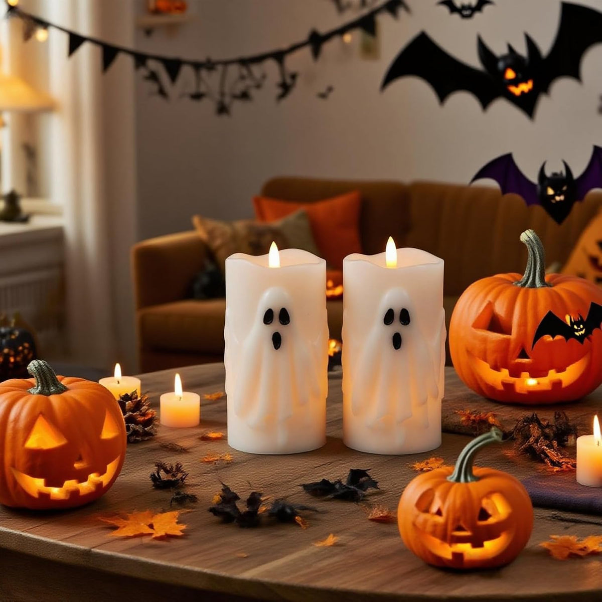 Eldnacele Halloween Ghost Flameless LED Pillar Candles with Remote Timer