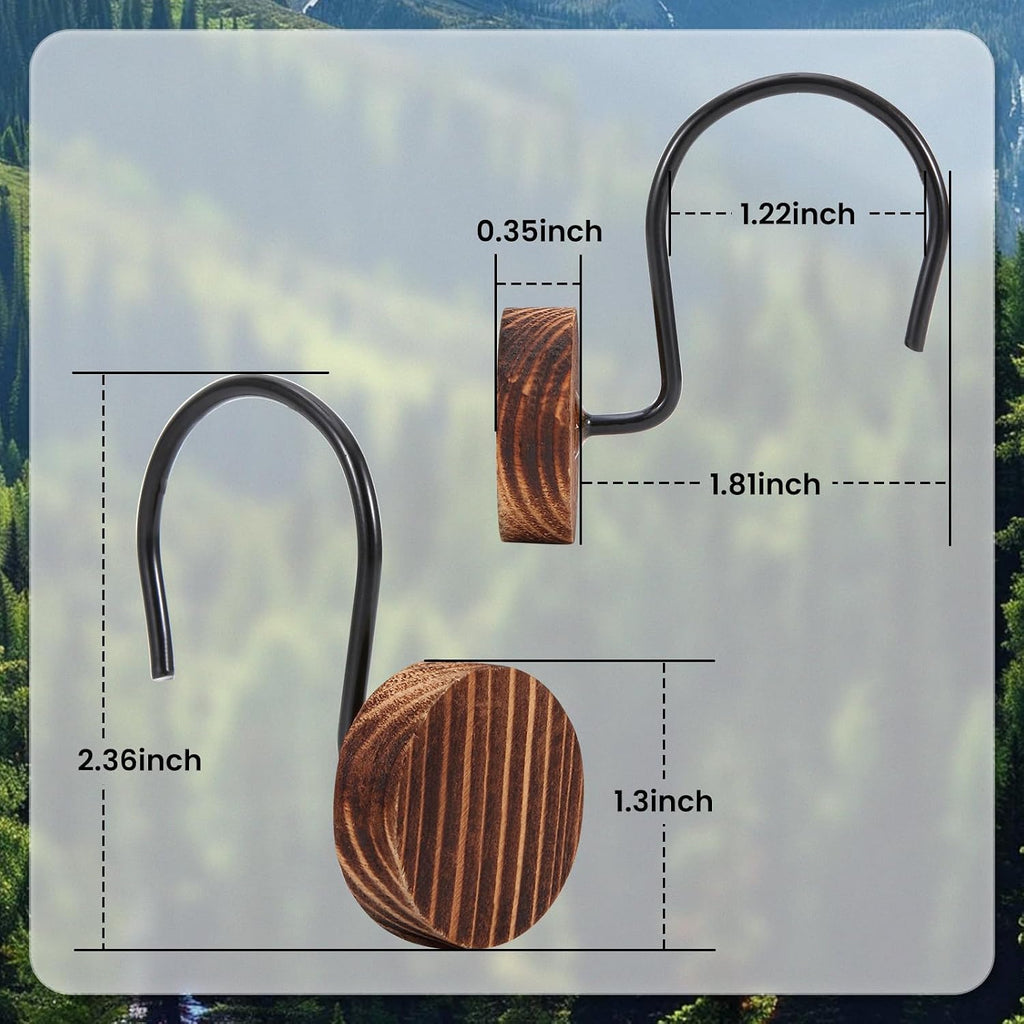 Wood Shower Curtain Hooks Rust Proof, Boho Shower Curtain Hooks Decorative, 24 Pack Shower Hooks for Shower Curtain, Shower Curtain Hangers Hooks (Brown,24)
