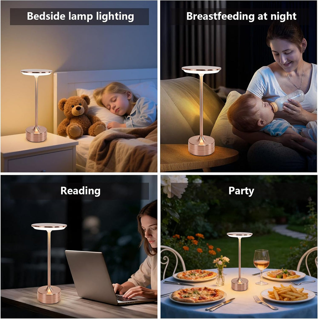 Small Table Lamp, Portable Metal Table Lamp, Cordless Rechargeable Table Lamp , 3 Color Stepless Dimmable Atmosphere Table Lamps for Patio, Camping, Coffee table decor lamp for Indoor/Outdoo(Rose)