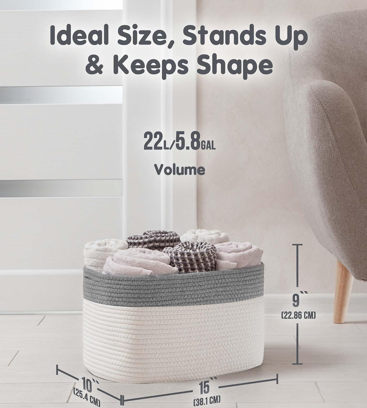CHAT BLANC Cotton Rope Baskets for Organizing, Shelves, Toys, Storage, Shoe, Bathroom, Laundry, Towel, Nursery, Home Decor, Blanket, Cloth Woven Bins Fabric (Dark Gray & Creamy White7, 15"x10"x9")