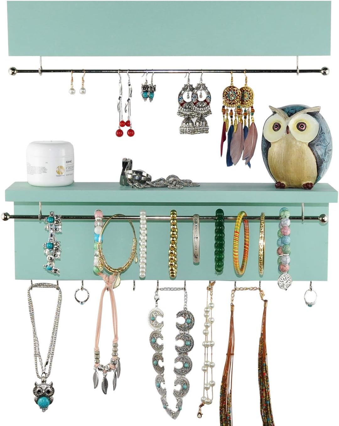 Wall-Mounted Jewelry Organizer - Wood Turquoise - Necklace Holder with Removable Metal Bar - Earrings Bracelets Hooks - Shelf Storage