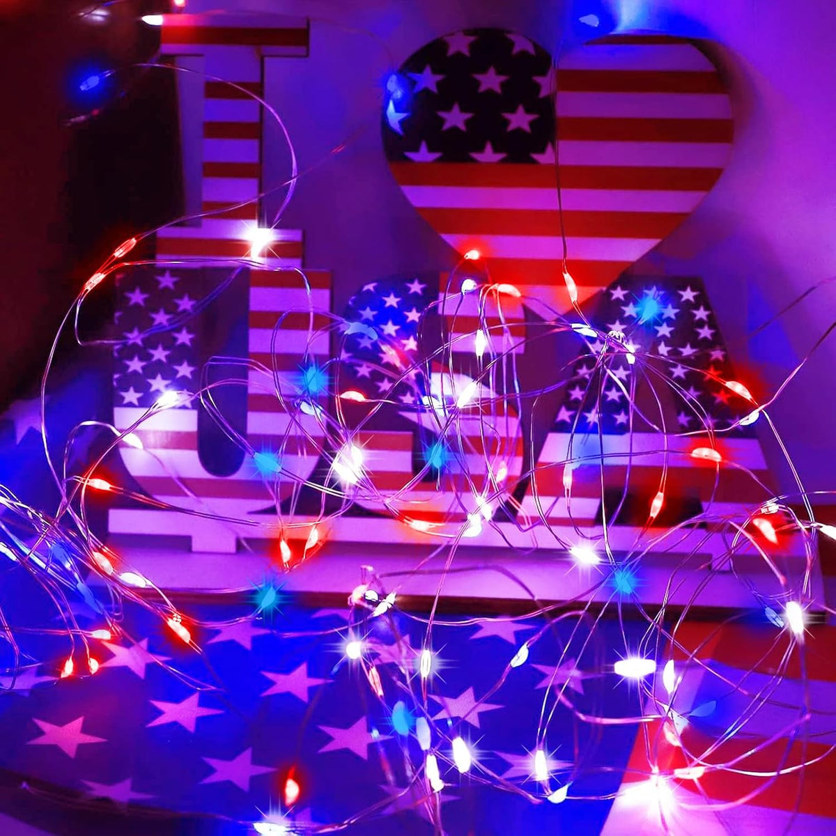 LAMPHOME Red White Blue Patriotic Fairy Lights Plug in, 33Ft 100 LEDs Waterproof Twinkle Firefly Lights, Adaptor Included Starry String Light for Independence Day Patriotic Holidays Decoration