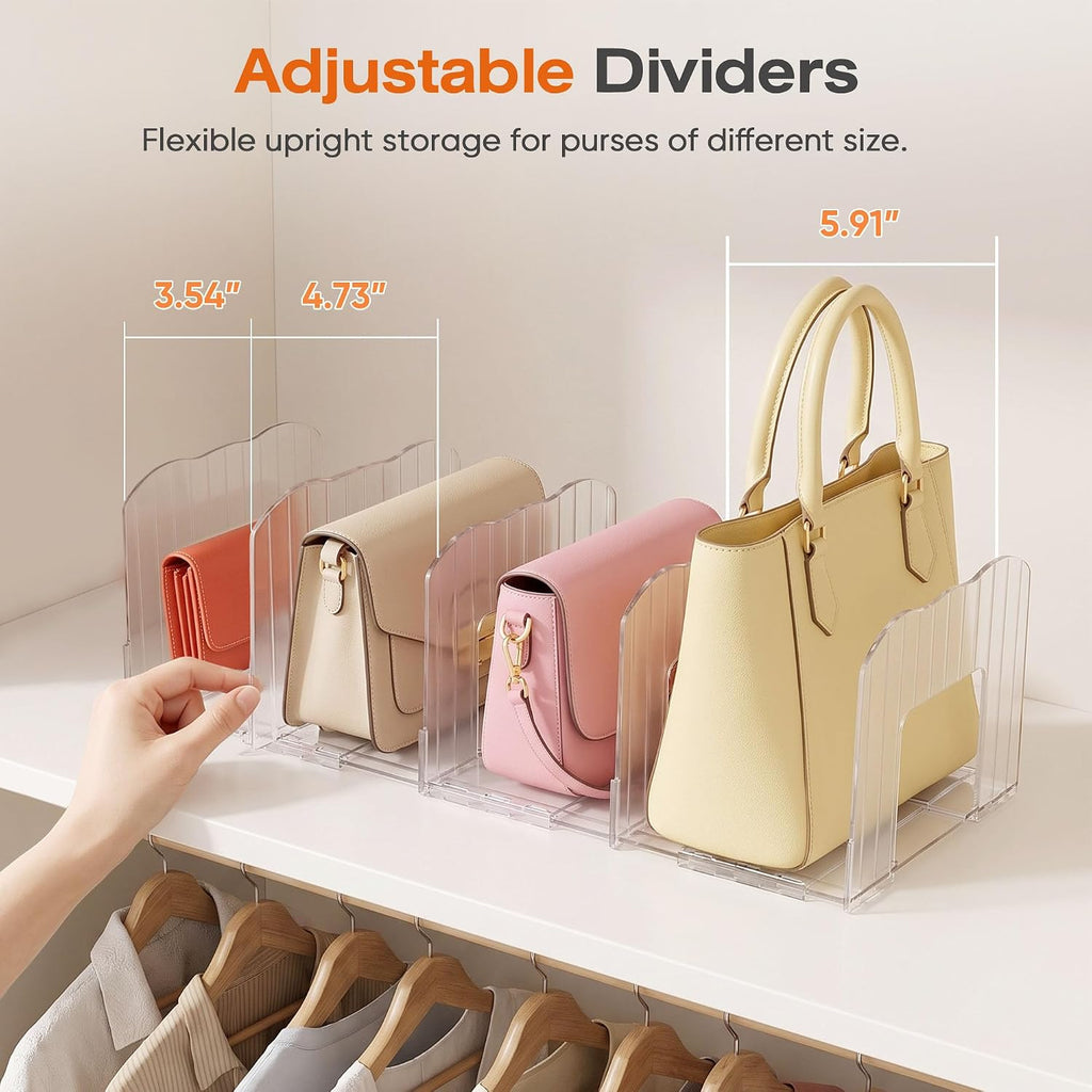 Glxgow 4 Pack Adjustable Acrylic Purse Organizer for Closet Shelf, Clear Handbag Storage Dividers, Detachable & Connectable Bag Organizer for Wallets, Clutches, Purses and Handbags