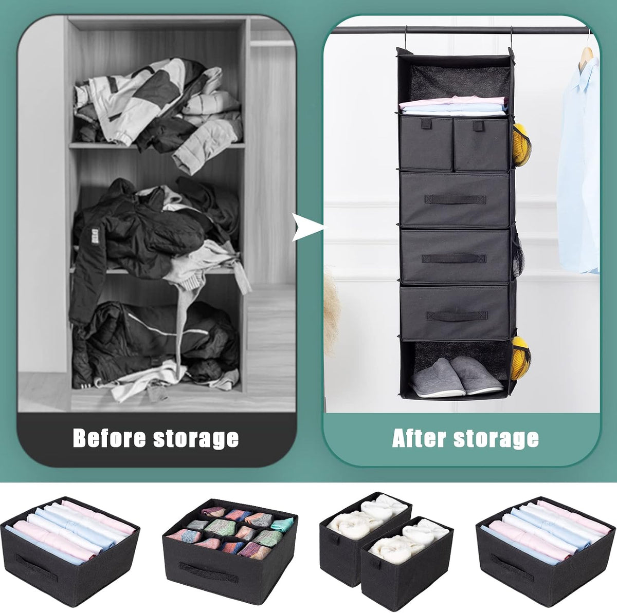 6-Shelf Hanging Closet Organizer with 5 Drawers, Non-Woven Storage, Black