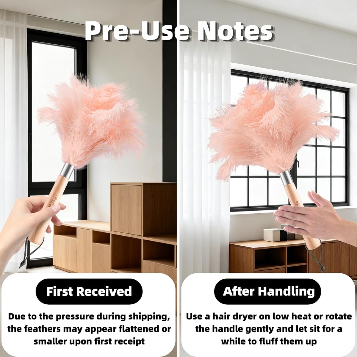 Pink Ostrich Feather Duster for Cleaning with Wooden Handle, 13.5 Inch