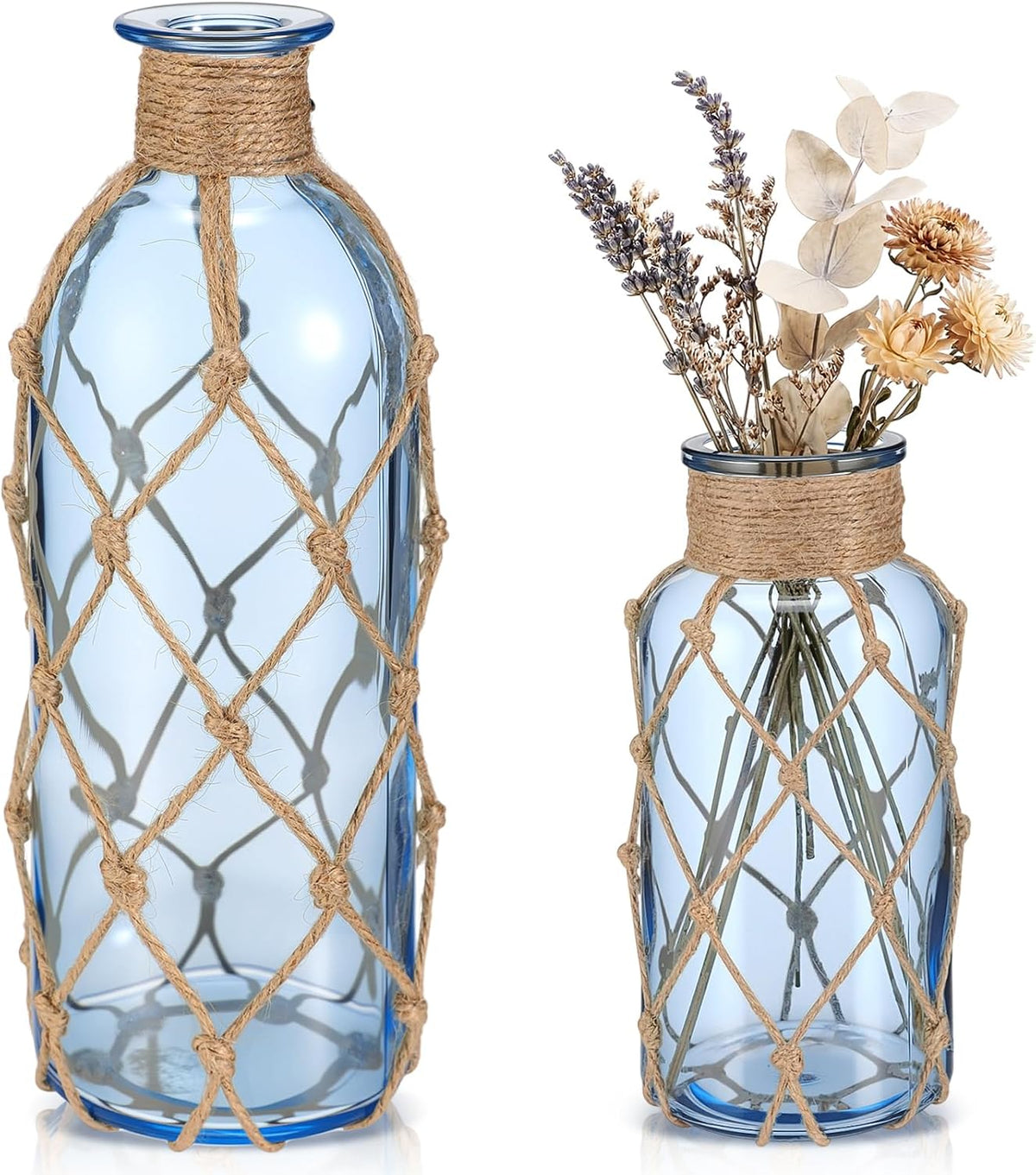 Chuangdi Set of 2 Coastal Glass Flower Vase with Boho Rope, Light Azure