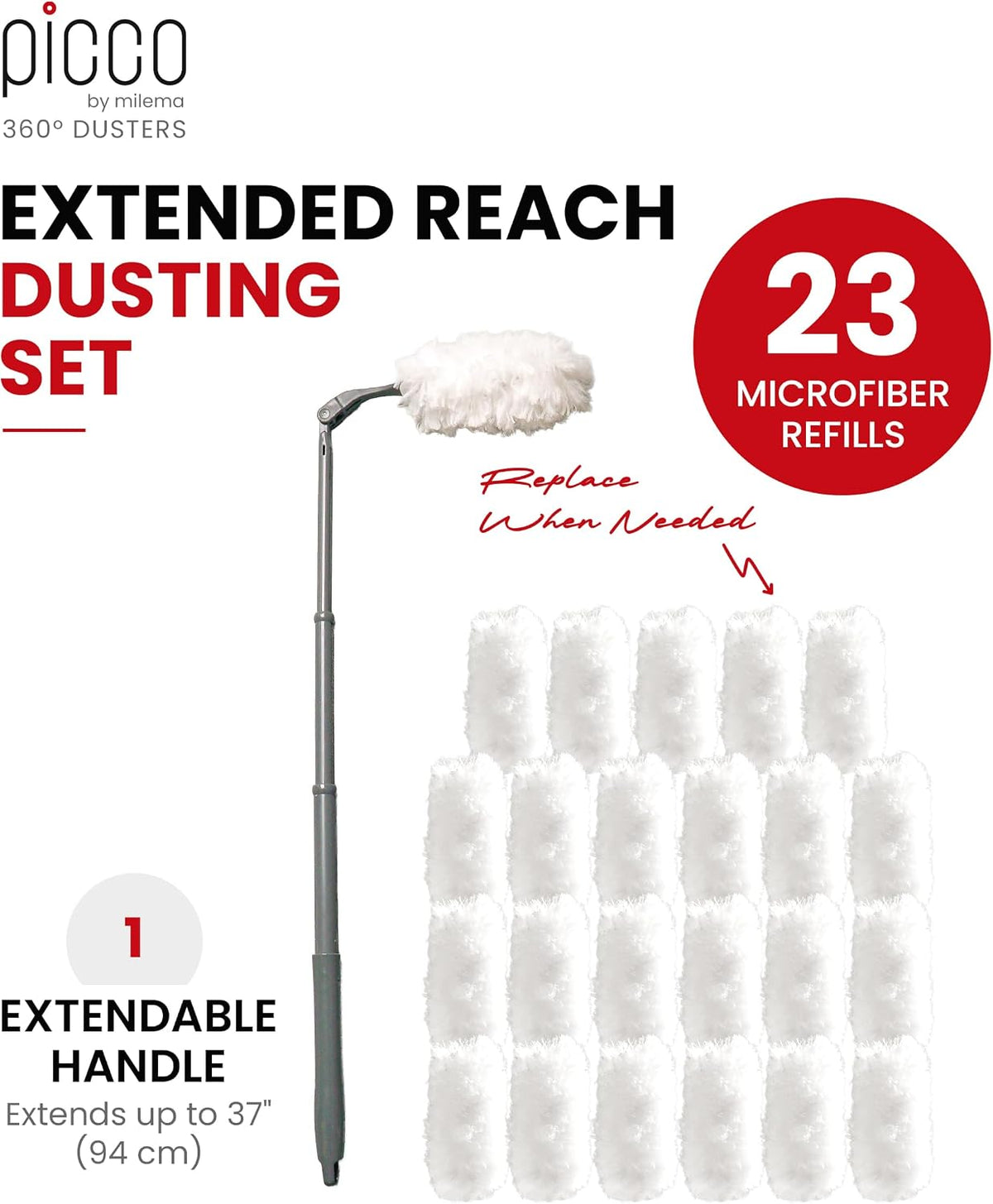 milema Picco 360 Double-Sided Duster, White, 1 Long Handle, 23 Refills