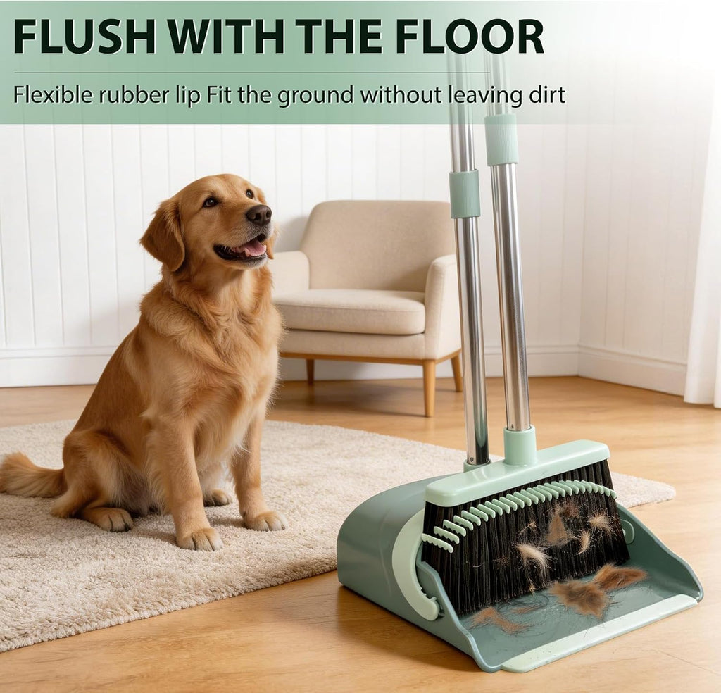 YZO Broom and Dustpan Set, 54.33 Inch Long Handle Standing Design, Dustpan Front Rubber Tight Seal, Broom with 5 Layer Bristles, Suitable for Living Room, Bedroom, Yard, Office (Green)