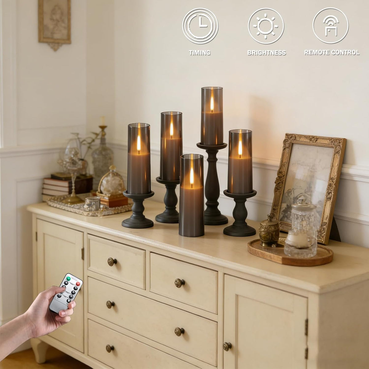 MUMCHASI 8 Packs Flameless Candles, Battery Operated with Remote, Arcylic Ribbed LED Flickering Candles, Realistic Dancing Flame Pillar Candles Vintage Decor for Home, Wedding, Gifts D2.2 (Grey)
