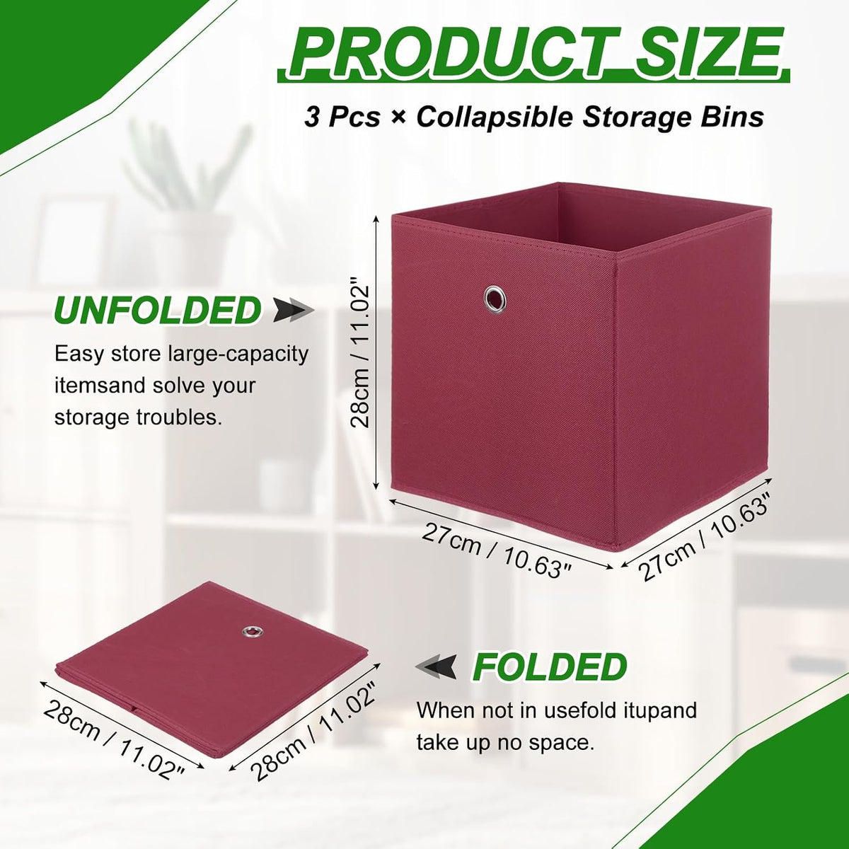 uxcell 3 Pack Storage Cubes 11x11x11 for Organizing Dark Red