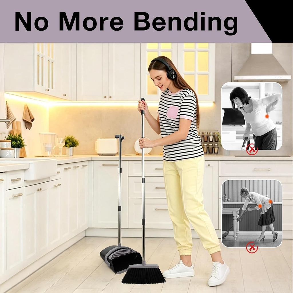 Broom and Dust Pan Combo Set,51.2" Long Handle,Charcoal