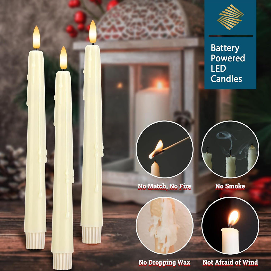 Dripless Flameless Taper Candles with Remote, Real Wax Battery Operated LED Candles Set with 3D Flickering Flame, 9.6" Realistic Dripless Candlesticks for Wedding Home Decor, 3 Pack Ivory