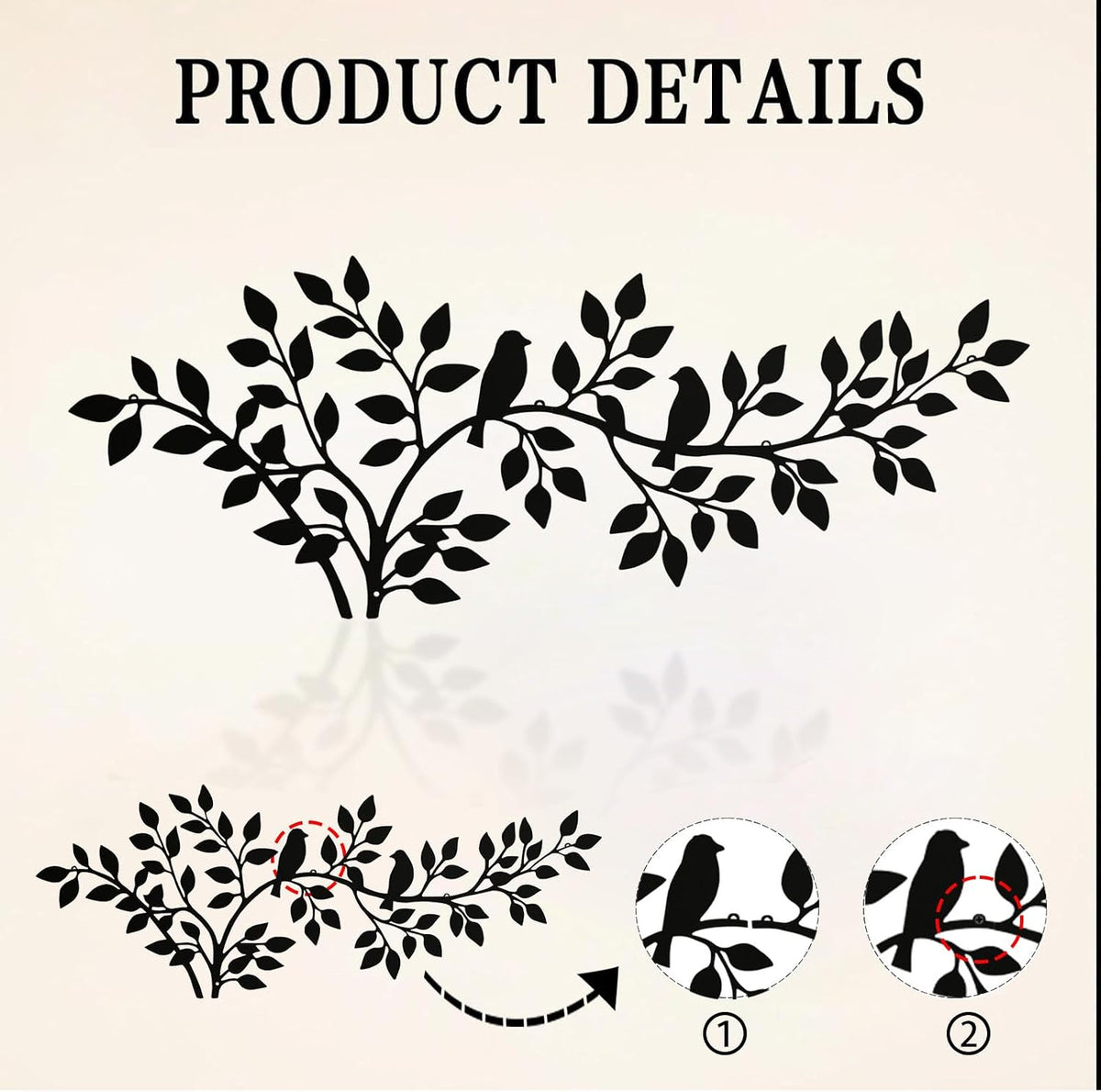 QZGXDECO 34Inch Metal Tree Leaf Birds on Branch Wall Decor Art,Black Vine Olive Branch Leaves with Bird Hanging Wall Sculpture for Home Balcony Living Room Bedroom Hallway Wall Decoration