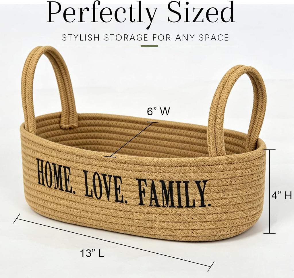 2 Pack Cotton Rope Storage Baskets, Toilet Tank Basket with Handles, "HOME. LOVE. FAMILY" Embroidered Bathroom Organizer Bin, Rectangular Woven Storage Basket for Bathroom, Shelves, Countertop, Vanity