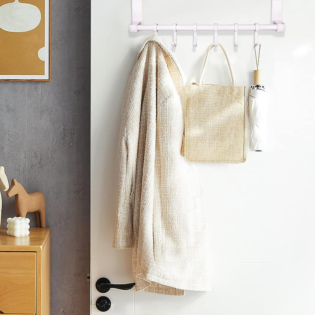 Over The Door Hooks Door Hanger, Moving 6-Hooks Over Door Coat Rack for Hanging, Aluminum Heavy Duty Door Organizer for Towel Robe Hat Bag, Behind Back of Door Bathroom (White)