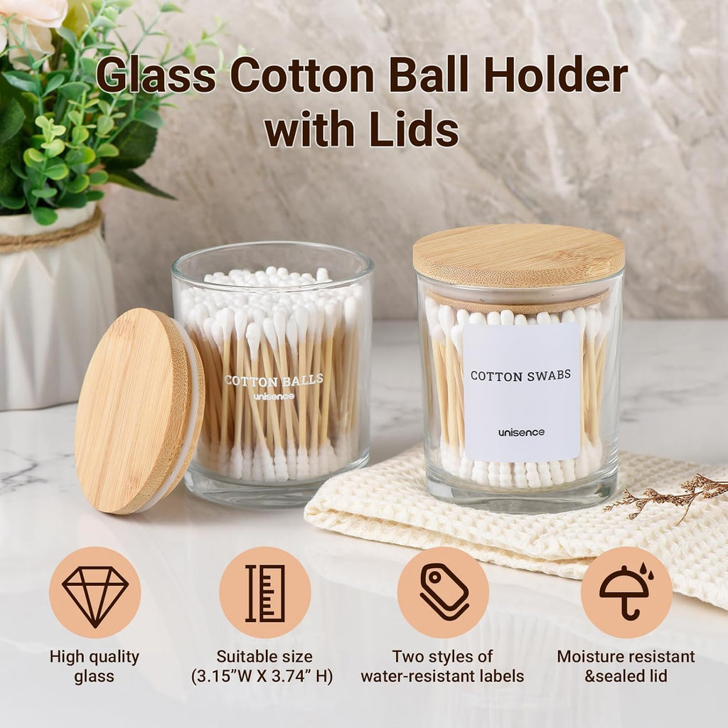 Glass Qtip Holder 2 Pack , Qtip Holder Dispenser Bathroom Set Bathroom Organizers and Storage Q tip Holder with Lid Makeup Storage Organizer for Cotton Swabs,Cotton Balls,Pads,Floss Picks Transparent