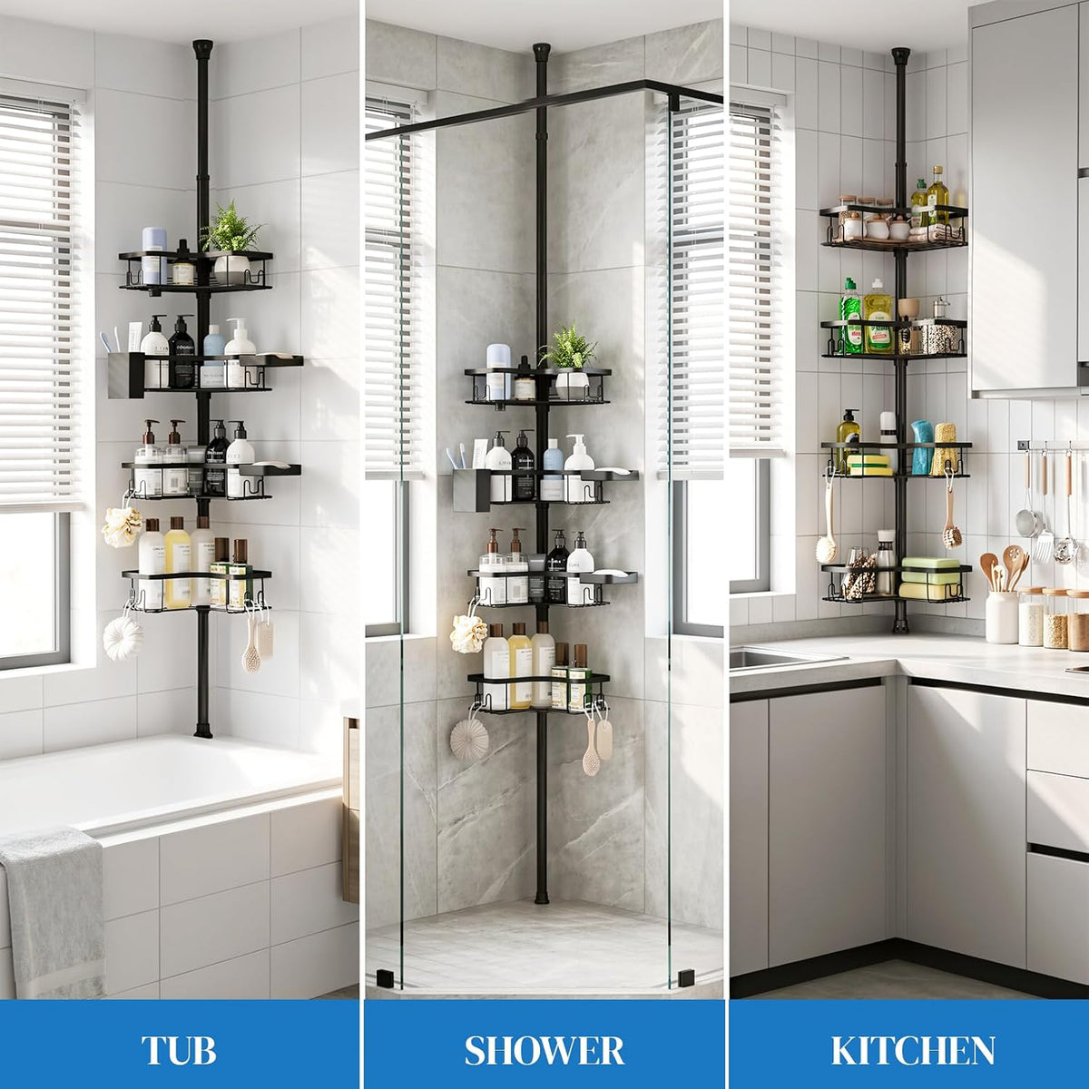 Corner Shower Caddy Tension Pole 4-Tier Rustproof Bathroom Organizer-Black