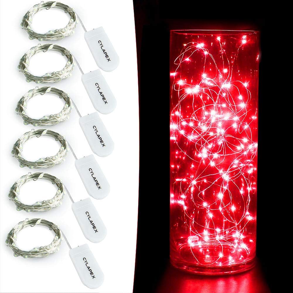 CYLAPEX 6 Pack Fairy Lights Battery Operated 7ft 20 LED Mini String Lights Silver Wire Firefly Starry Moon Twinkle Lights for Wedding Mason Jars Party Christmas Centerpiece Table Decorations, Red