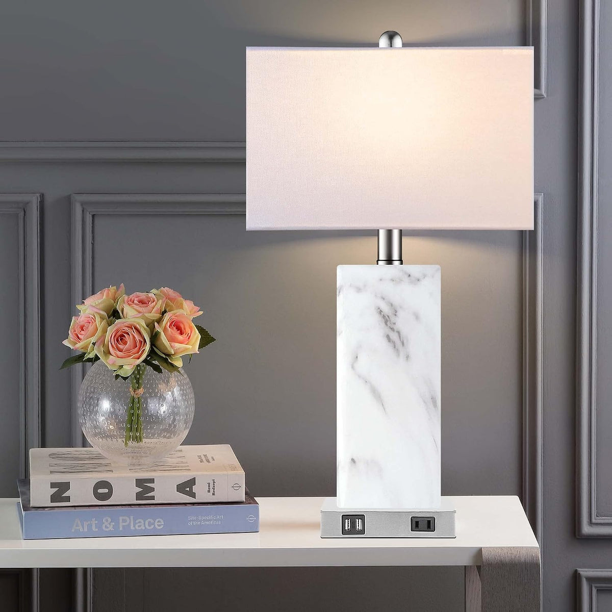 Touch Control Table Lamps Set of 2, Modern Ceramic Bedside Lamp with 2 USB Ports 1 AC Outlet, 3-Way Dimmable White Nightstand Lamp with Fabric Shade for Living Room, Bedroom (LED Bulbs Included)