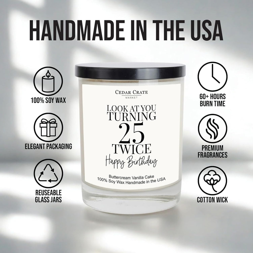 Cedar Crate Market 50th Birthday Gifts for Women Him,Happy 50th Birthday Decorations Candles Gift for Women Men, Funny 50 Years Old Ideas, Buttercream Vanilla Scented Soy Wax Handmade in USA