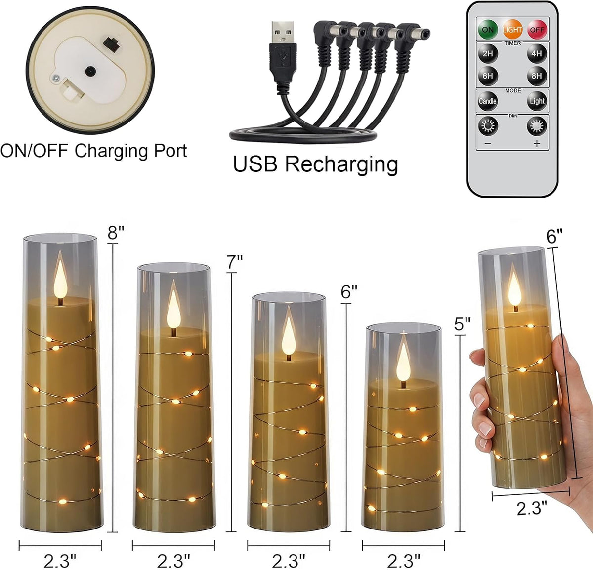 Rechargeable Flameless Candles String Light Battery Operated 2 Remote Black