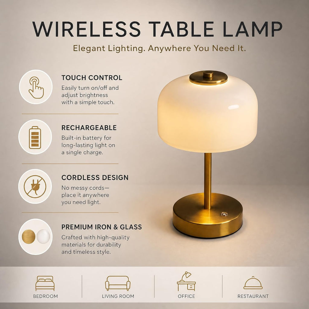 Cordless LED Table Lamp, Rechargeable Battery Operated Mushroom Desk Lamp, 3-Level Touch Dimming, Portable Metal & Glass Nightlight for Bedroom, Living Room, Restaurant, Gold