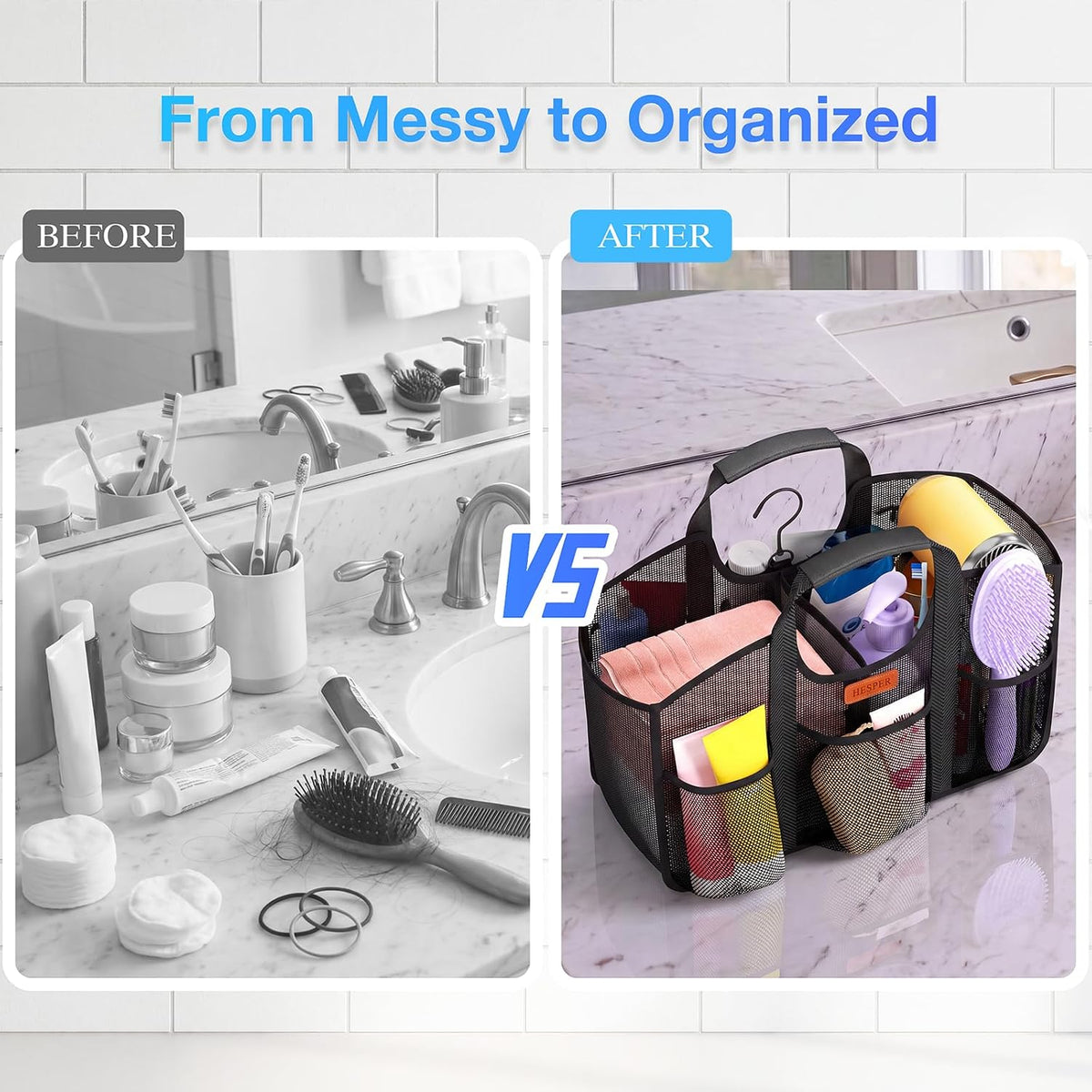 HESPER Mesh Shower Caddy for College Dorm with Hook and Soft Handles