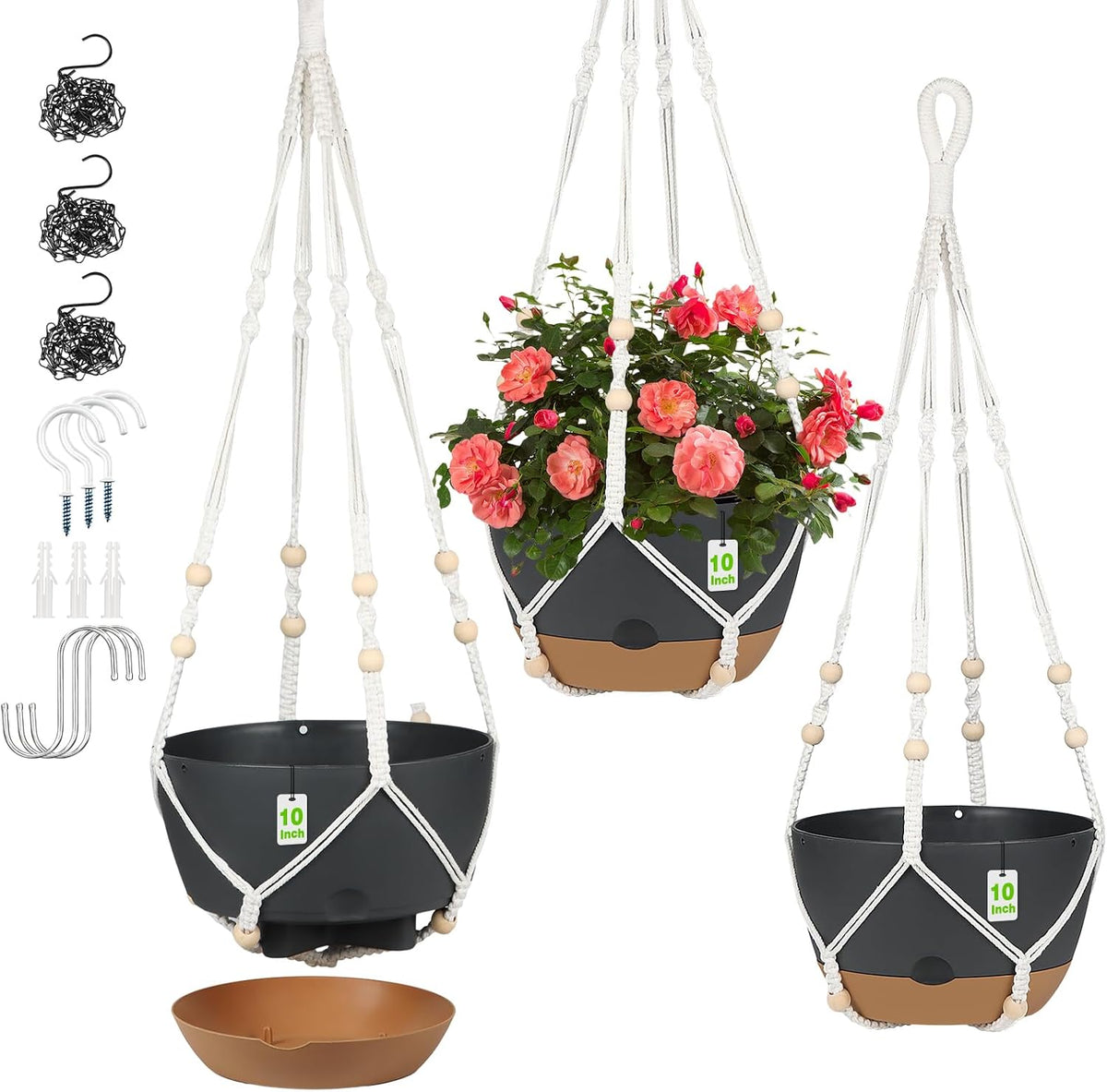 3 Pack Hanging Planters Set, 10inch Self-Watering Hanging Plant Pot, Macrame Plant Hanger with Pot, Chains, S & Ceiling Hooks, Removable Saucer and Drainage Holes for Indoor, Outdoor Plants - Black