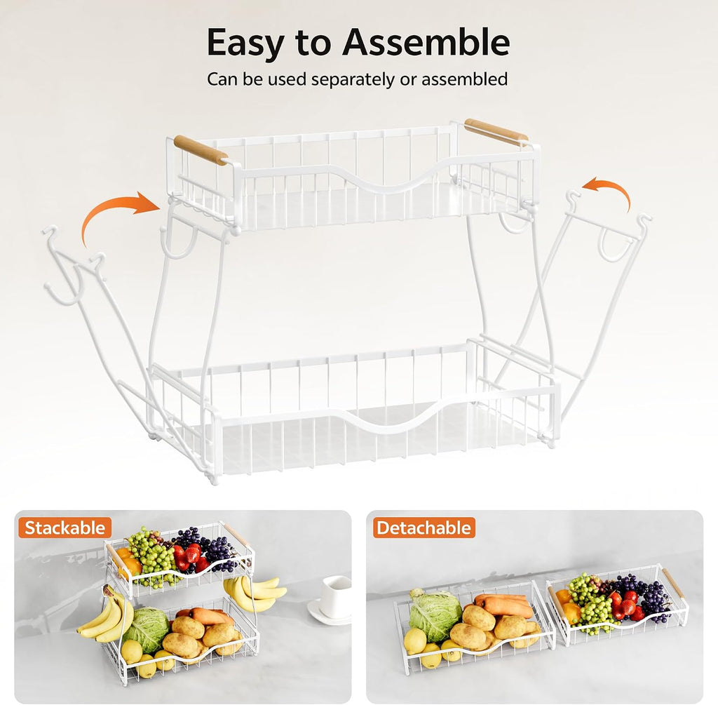 2 Tier Fruit Bowl,Fruit Basket with Banana Hangers,White