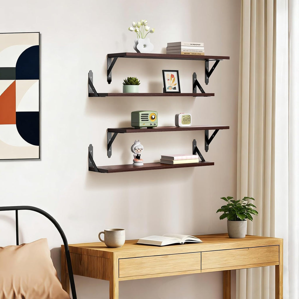 ROMGUAR CRAFT Wood Wall Floating Shelves Set of 4, 23.6" x 6" - Brown