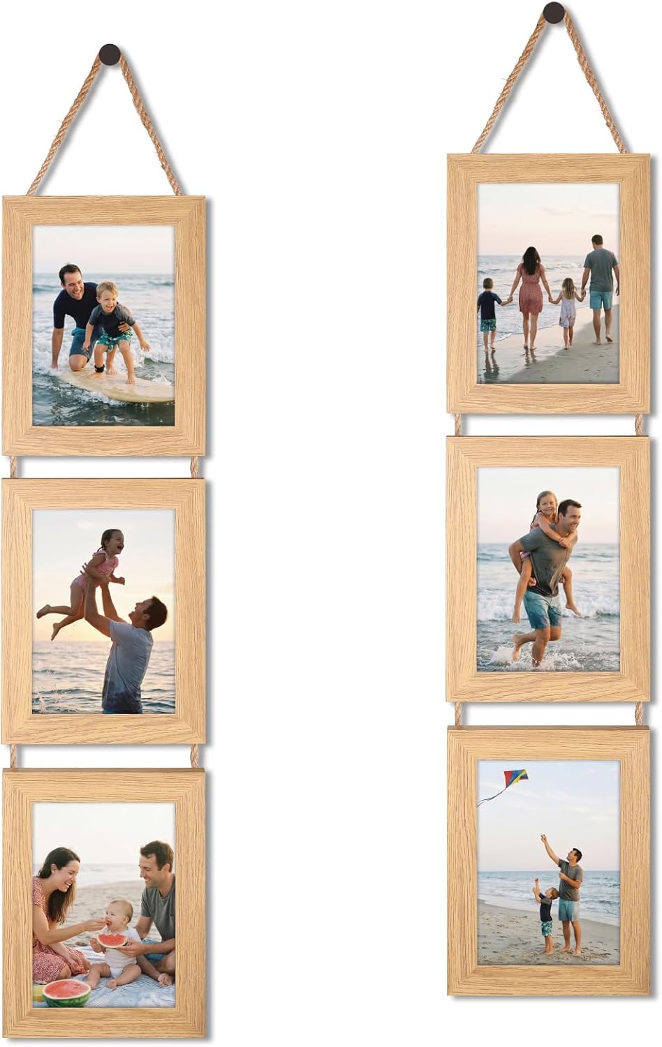 QUTREY 5x7 Collage Picture Frames, 6 Openings Hanging Photo Frame Set Display Vertical 5 by 7 inch Pictures for Wall Decor, Natural Wood, 2 Pack