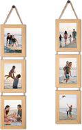QUTREY 5x7 Collage Picture Frames, 6 Openings Hanging Photo Frame Set Display Vertical 5 by 7 inch Pictures for Wall Decor, Natural Wood, 2 Pack