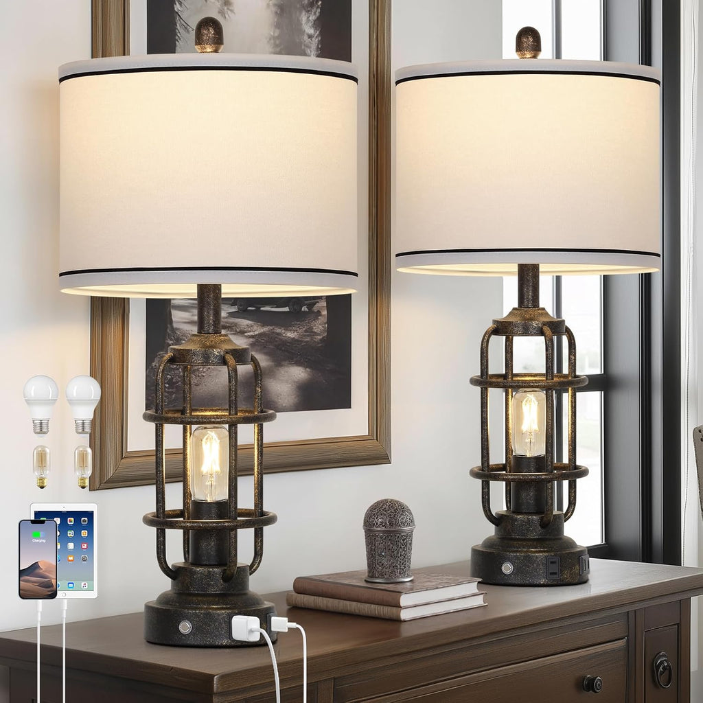 26" Vintage Industrial Table Lamps Set of 2, Farmhouse 3 Way Dimmable Touch Control LED Night Lights Table Lamp with USB A+C Ports & AC Outlet, Rustic Retro Beside Nightstand Lamp for Bedrooms Bronze