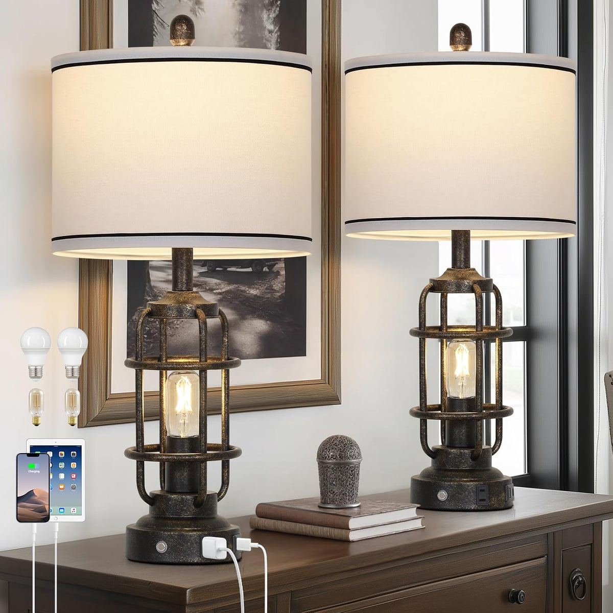 26" Vintage Industrial Table Lamps Set of 2, Farmhouse 3 Way Dimmable Touch Control LED Night Lights Table Lamp with USB A+C Ports & AC Outlet, Rustic Retro Beside Nightstand Lamp for Bedrooms Bronze
