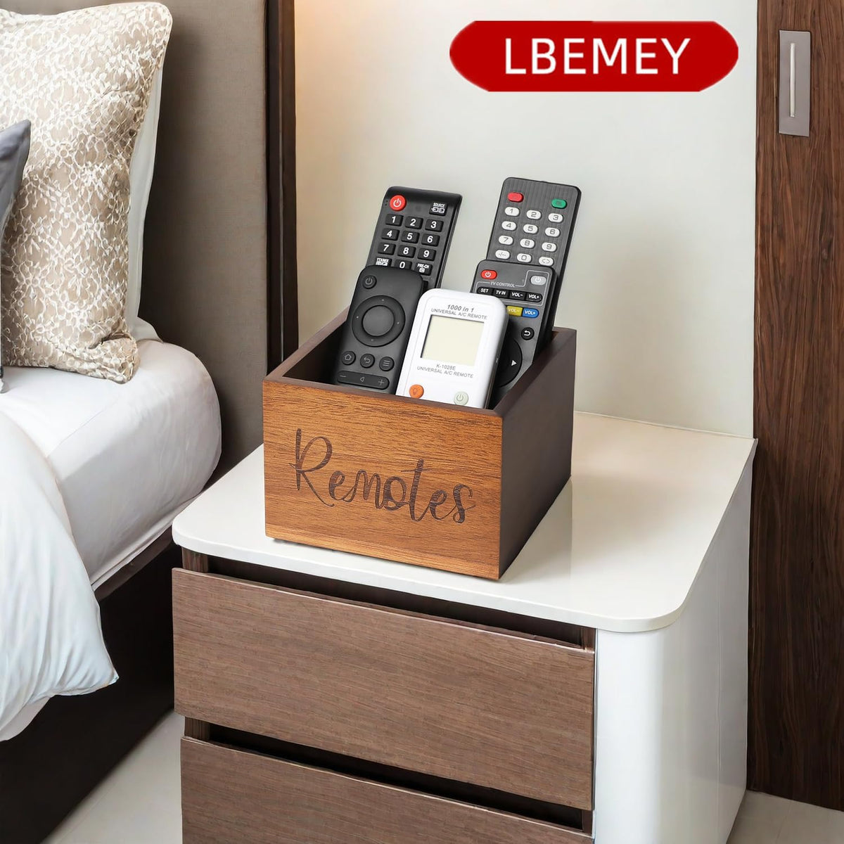 LBEMEY Acacia Wood Remote Control Holder Caddy, TV Organizer for Table, Vintage Farmhouse Desk Caddy (Brown for 3+ Controls)