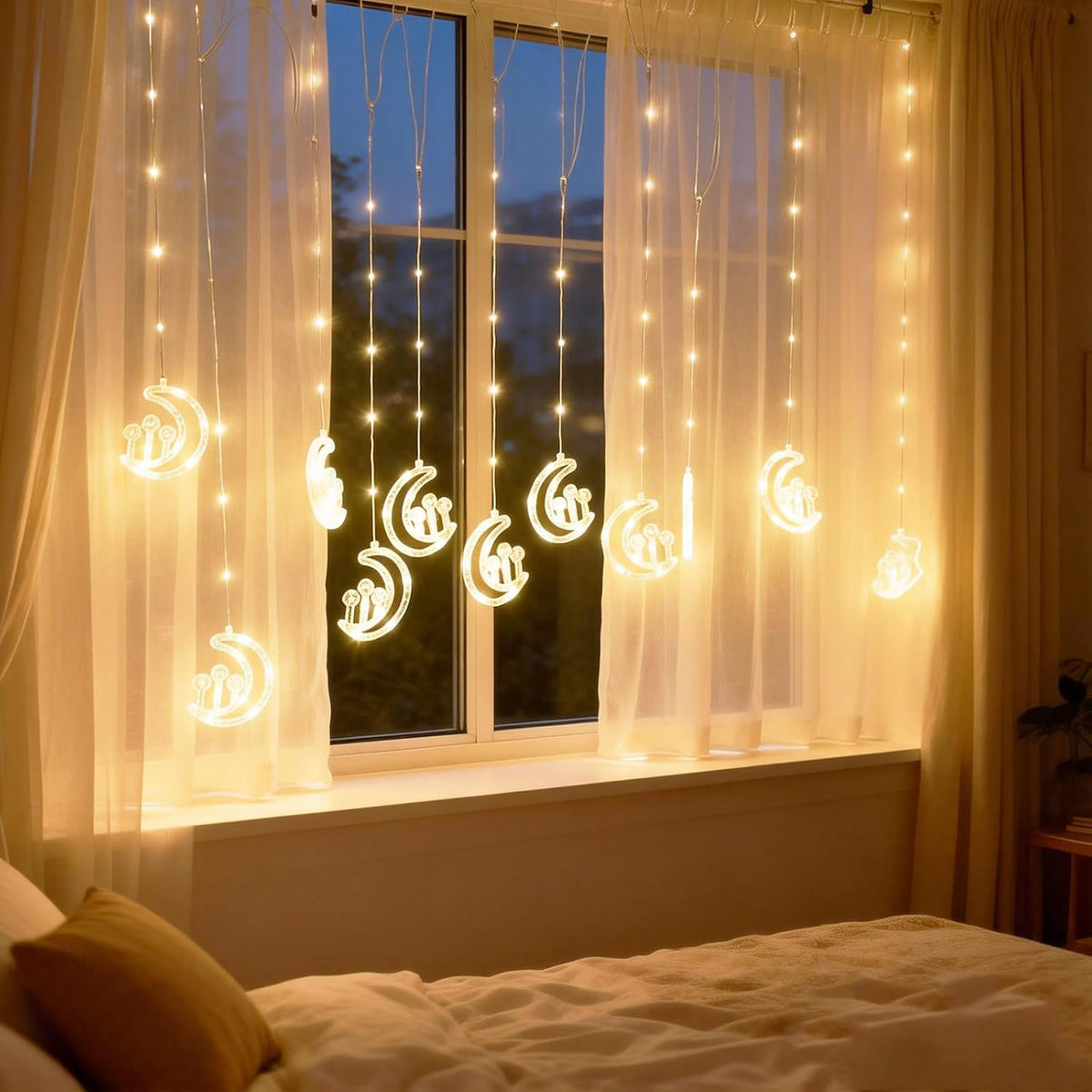 Vigdur Ramadan Curtain for Home, 10FT 120 LEDs Moon Lights with Remote