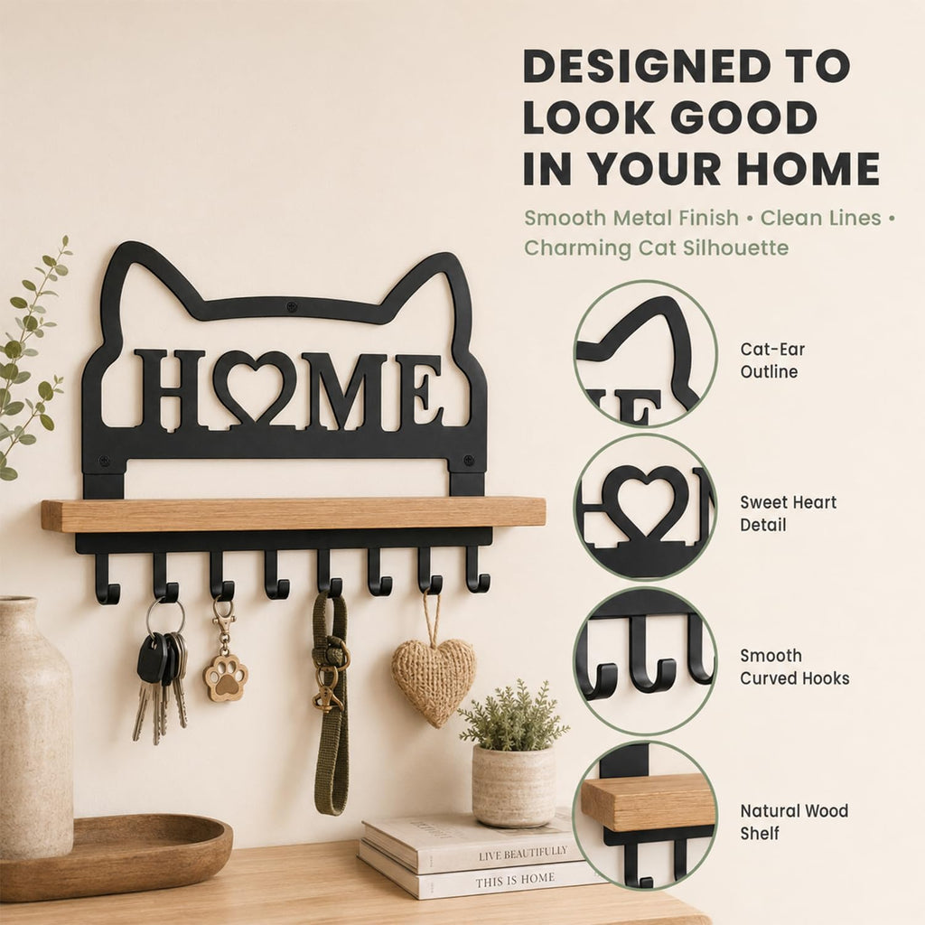 Cat Key Holder for Wall. Decorative Floating Wooden Shelf with 8 Metal Hooks, Wall Storage Rack for Entryway Hallway, Gift for Cat Lovers