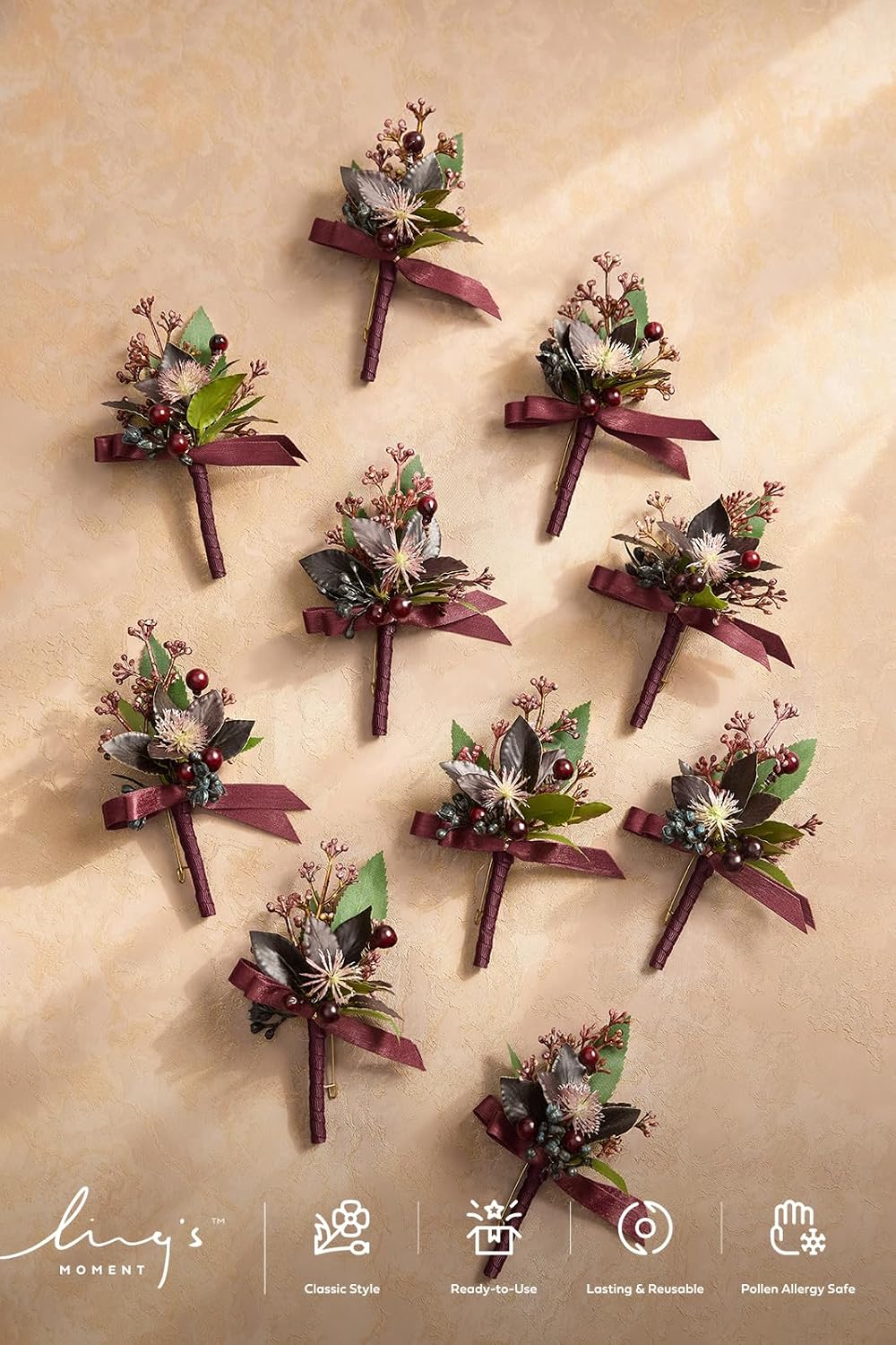 Ling's moment Boutonniere for Men, Black Baccara Burgundy, 10pcs