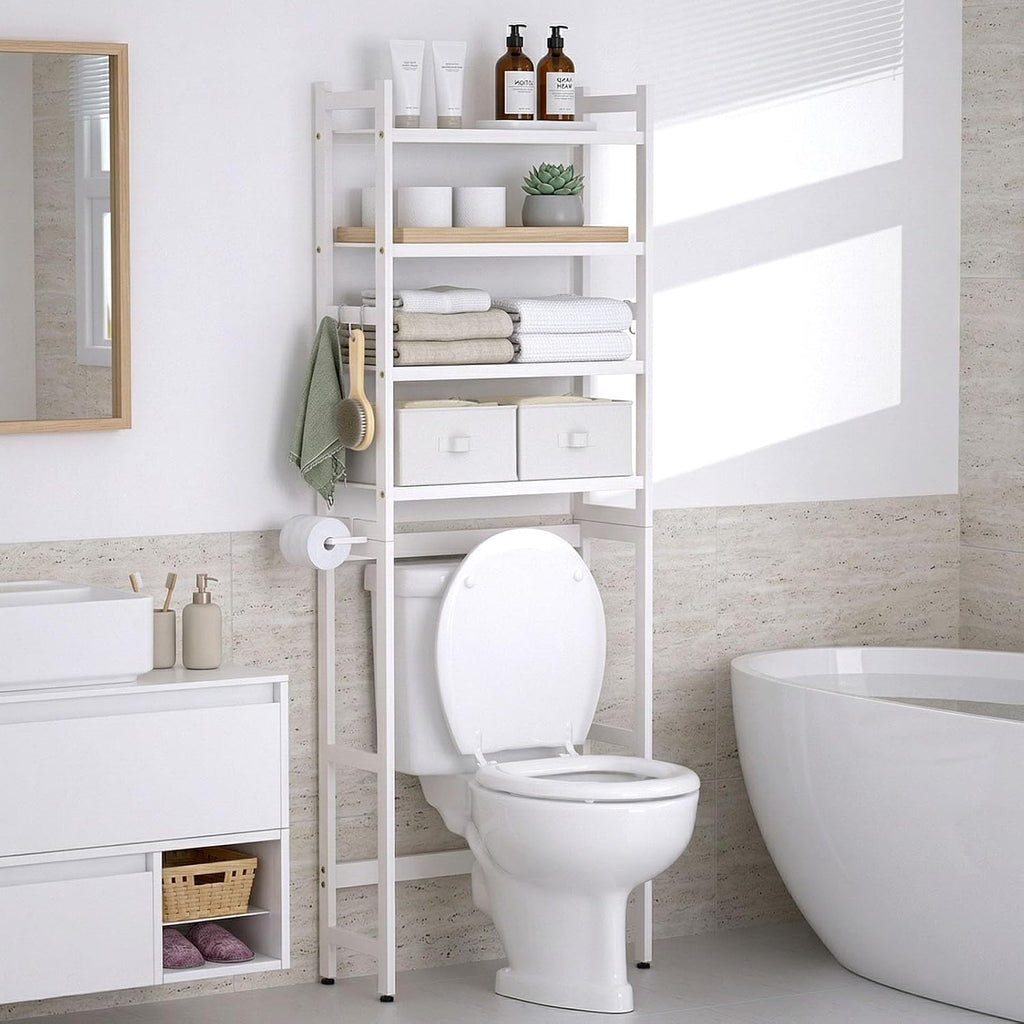 Homde Bathroom Over Toilet Storage Rack: Adjustable 4-Tier Bamboo (White)