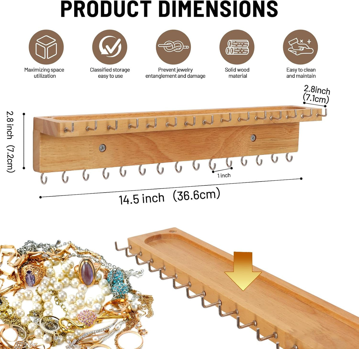Necklace Holder Wall Mount,Jewelry Organizer with 30 Hooks,Natural Wood