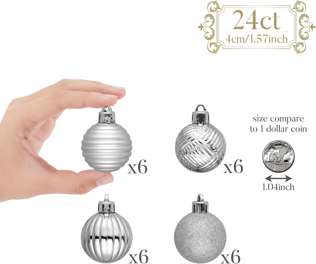 Valery Madelyn 1.6" Small Christmas Ornaments Tree Decorations Set, 24ct Silver Shatterproof Ball Hanging Ornament Bulk for Xmas Holiday Party Decor