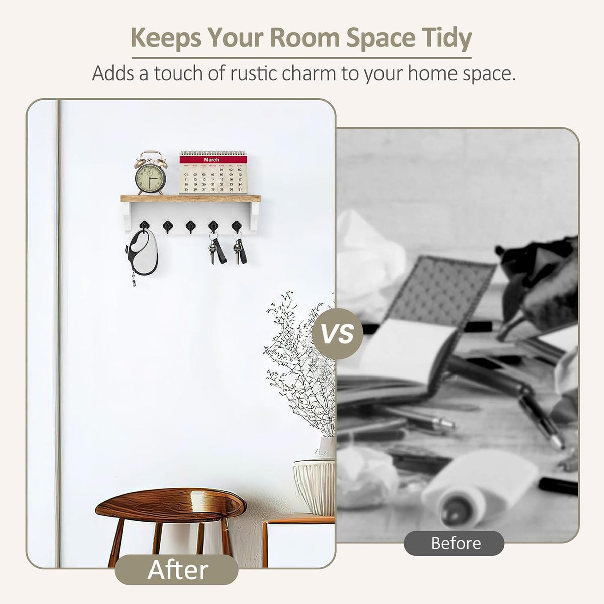 Nekon Key Holder for Wall, 11.8" W x 3.5" H x 2.8" D Wall Shelf, Wood