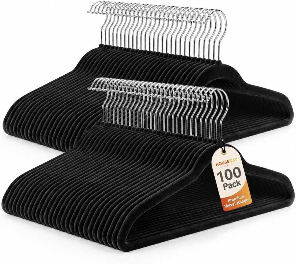 HOUSE DAY Black Velvet Hangers 100 Pack - Non Slip Felt Hanger, No Wrinkles