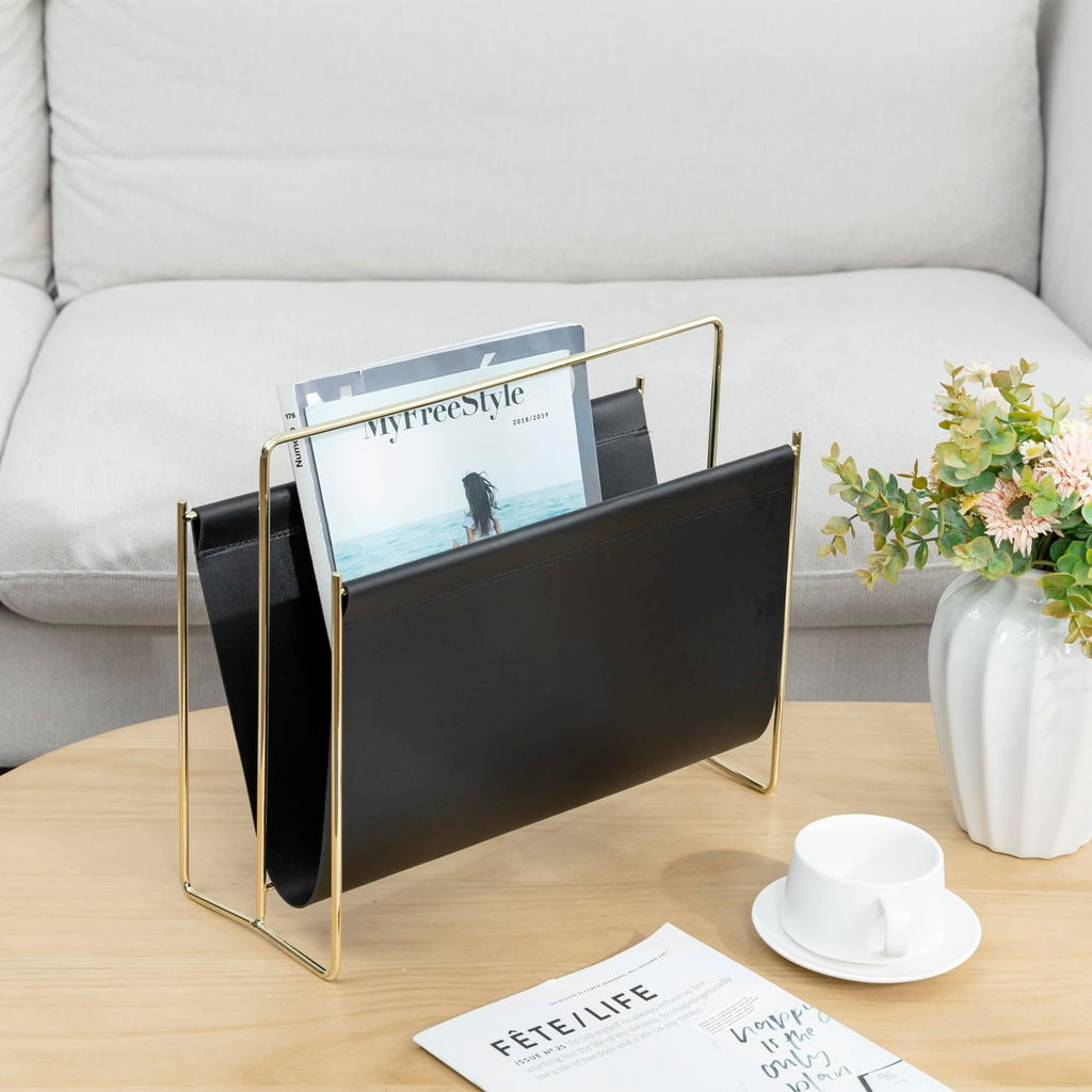 MyGift 15 Inch Black Leatherette Magazine Holder, Brass Metal Floor Rack