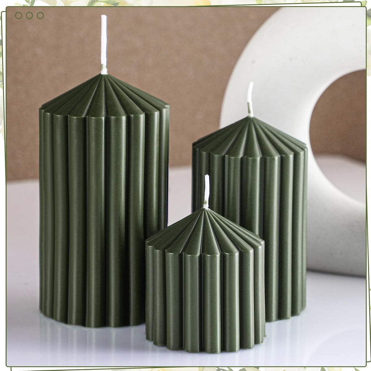 Conelist Set of 3 Moss Green Ribbed Pillar Candles Soy Wax Scented Candles