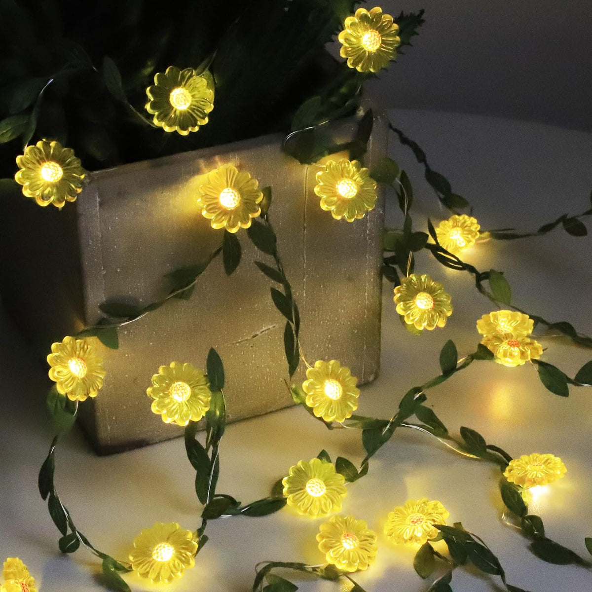 Sunflower Decor Flower String Lights Vines with Fairy Lights Christmas, 30 LED Copper Wire with Remote Control Battery Operated Flower Garland Leaf for Locker,Bedroom, Wall, Christmas,Fall Decorations