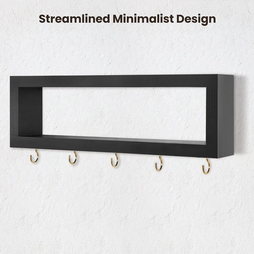 Lwenki Wall Shelf with Hooks - Decorative Key and Wallet Holder for Wall Holds Sunglasses, Leashes, Scarves and Lanyards - 15.7" x 5.1" x 2.9" Entryway Organizer Made of Paulownia Wood (Black)