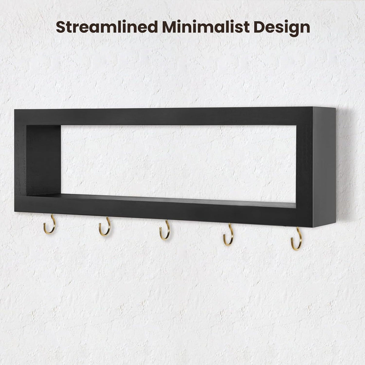 Lwenki Wall Shelf with Hooks - Decorative Key and Wallet Holder for Wall Holds Sunglasses, Leashes, Scarves and Lanyards - 15.7" x 5.1" x 2.9" Entryway Organizer Made of Paulownia Wood (Black)