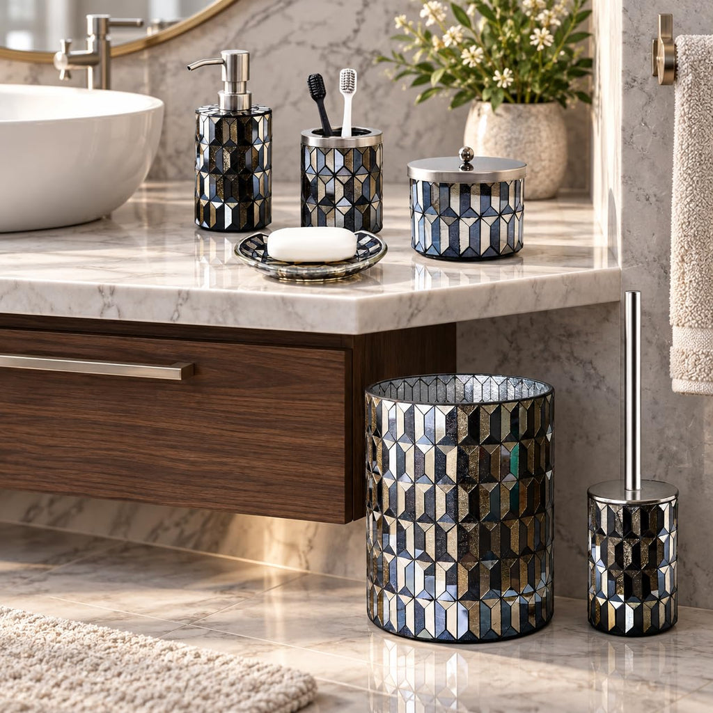 Escenzy Black Gold Bathroom Trash Can, Handmade Mosaic Glass 1.3 Gal / 5L | Decorative Waste Basket for Bathroom, Bedroom, Office | Luxury Black Gold Bathroom Decor | Glam Home Decor Gift